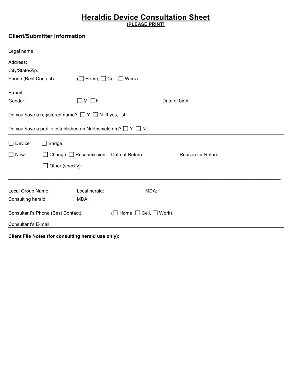 Heraldic Device Consultation Sheet (PLEASE PRINT)