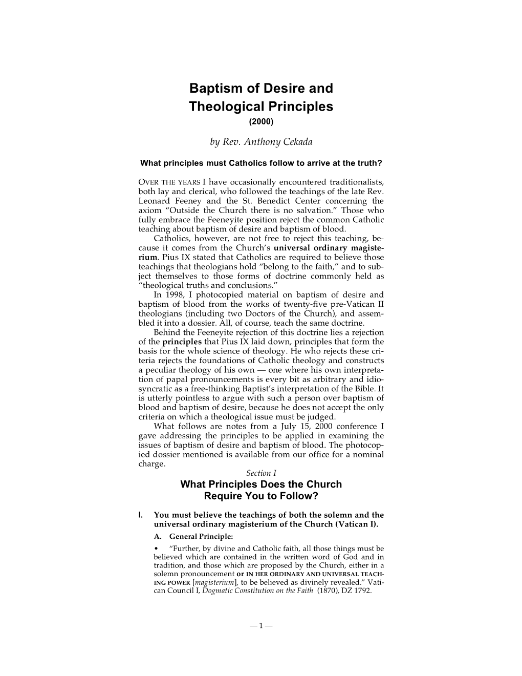 Baptism of Desire and Theological Principles (2000)