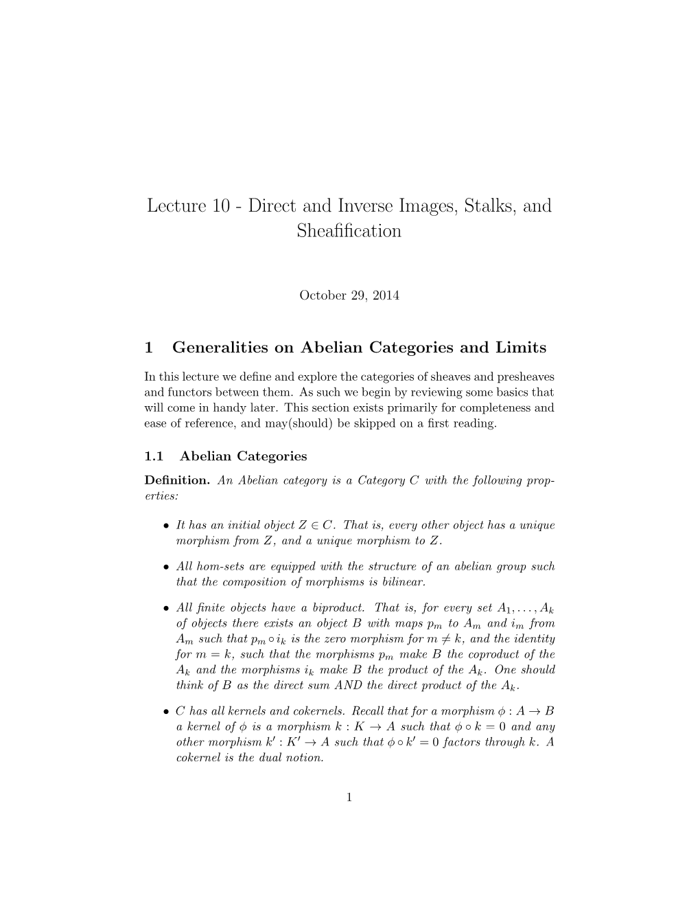 Lecture 10 - Direct and Inverse Images, Stalks, and Sheaﬁﬁcation