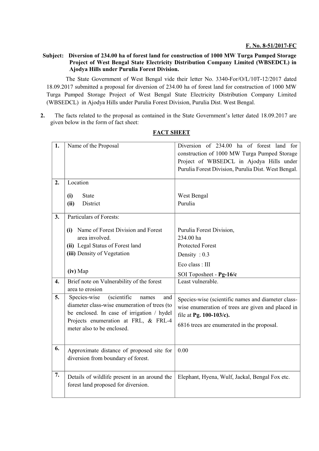 F. No. 8-51/2017-FC Subject: Diversion of 234.00 Ha of Forest