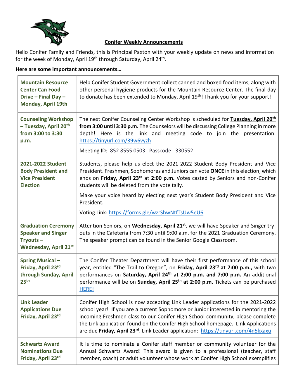 Conifer Weekly Announcements Hello Conifer