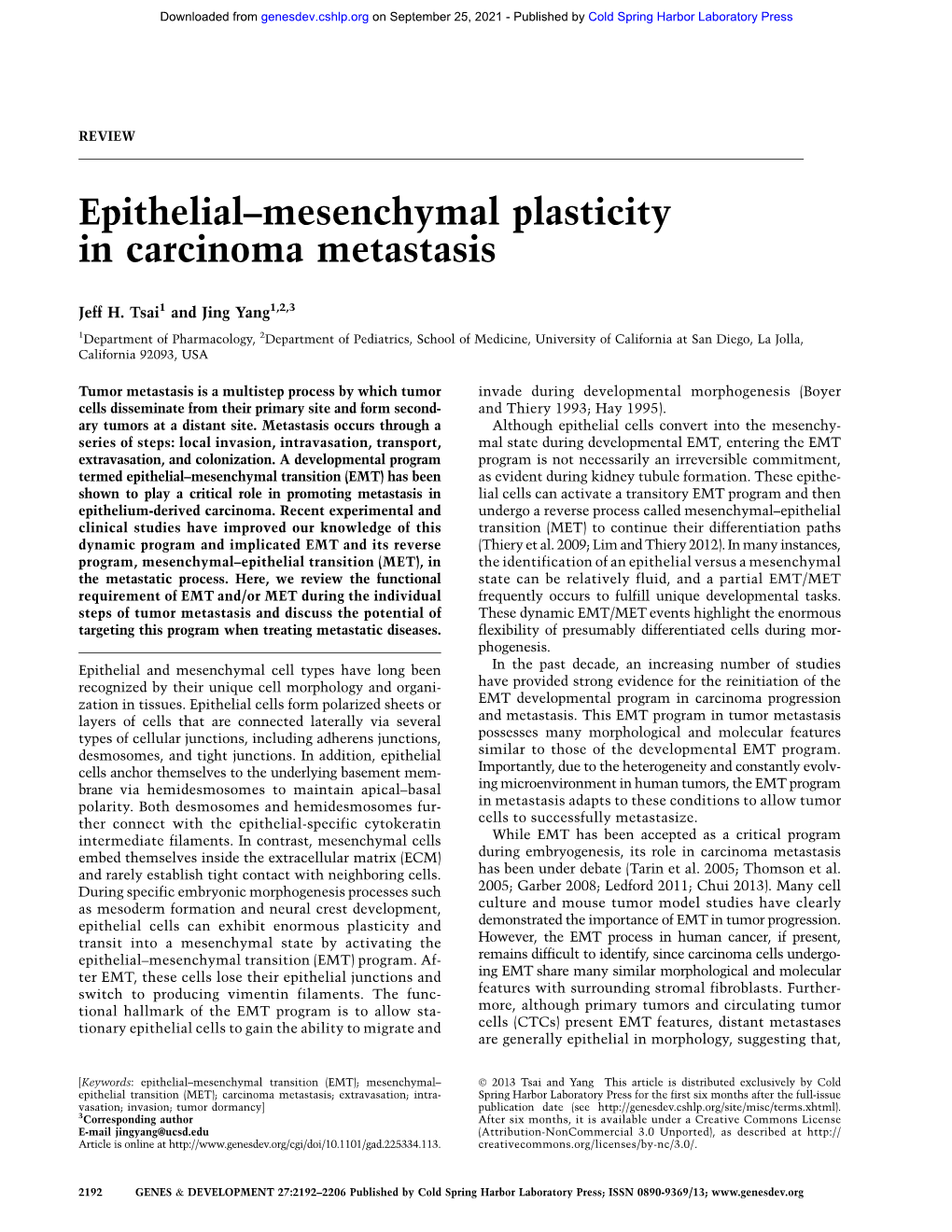 Epithelial–Mesenchymal Plasticity in Carcinoma Metastasis