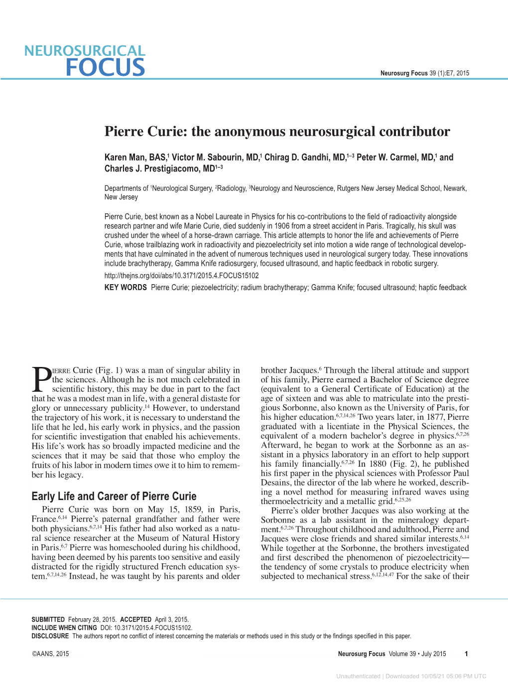 Pierre Curie: the Anonymous Neurosurgical Contributor