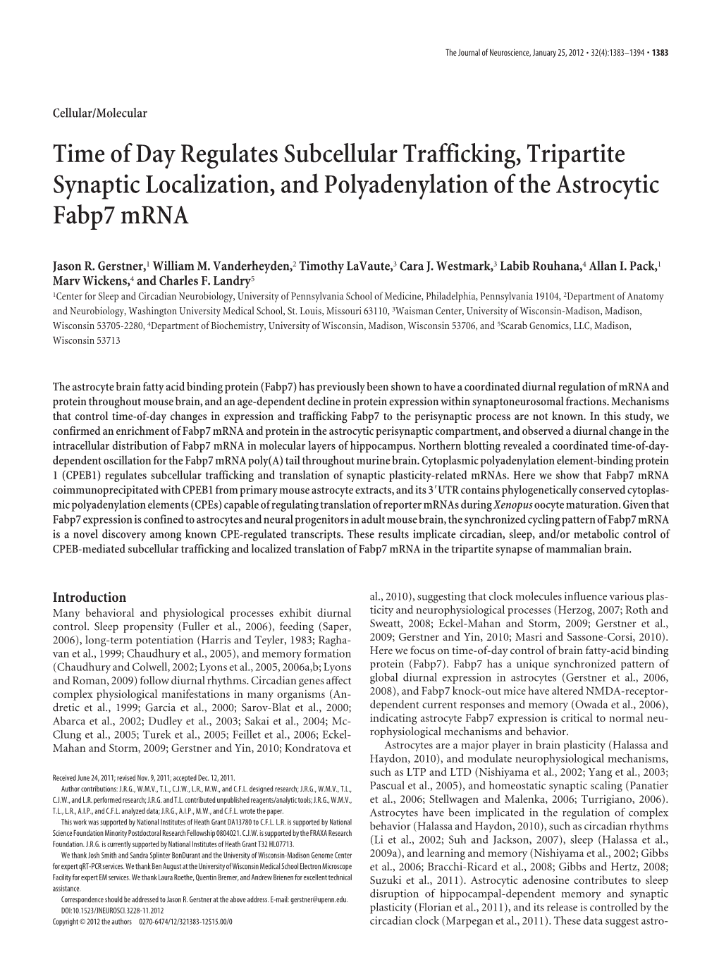 Time of Day Regulates Subcellular Trafficking, Tripartite Synaptic Localization, and Polyadenylation of the Astrocytic Fabp7 Mrna