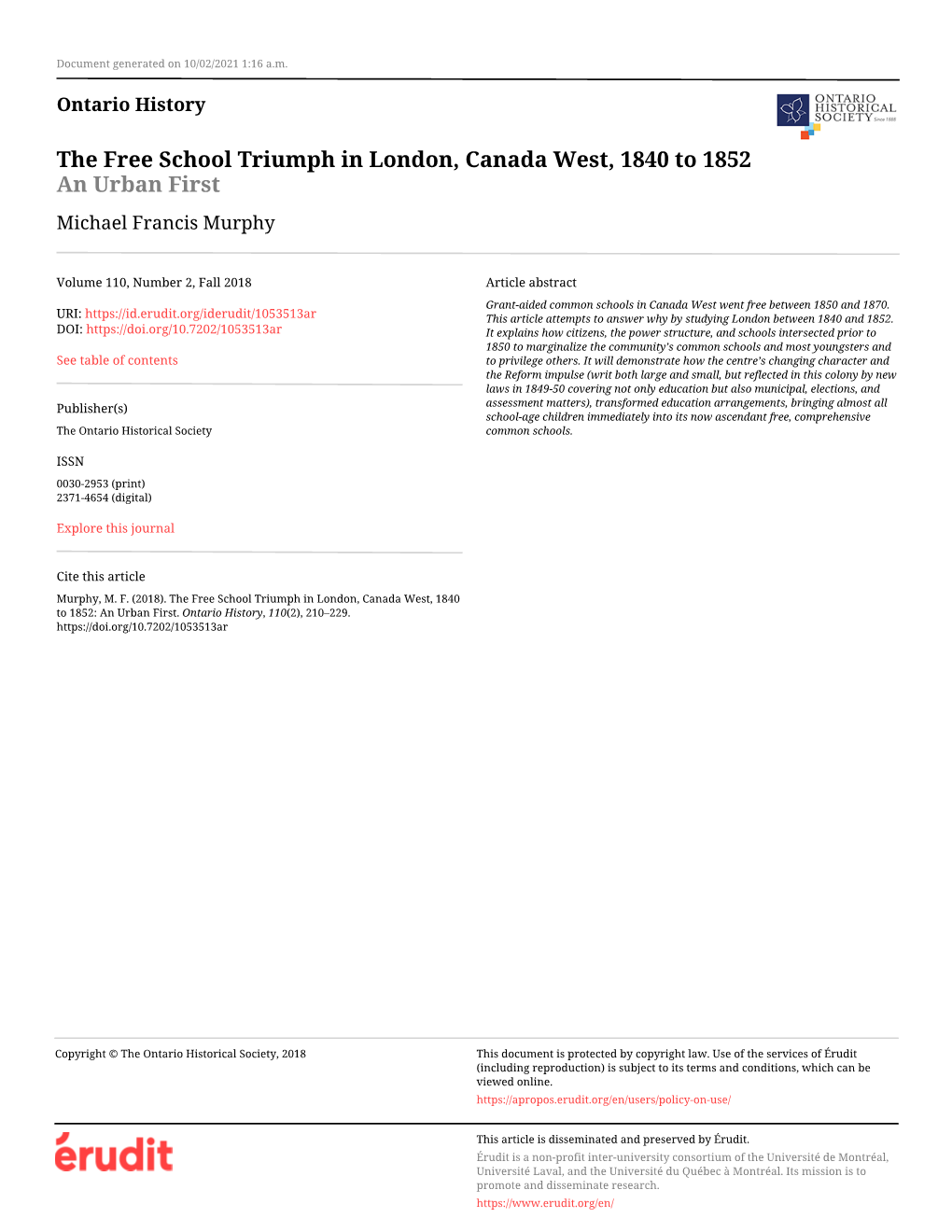 The Free School Triumph in London, Canada West, 1840 to 1852 an Urban First Michael Francis Murphy