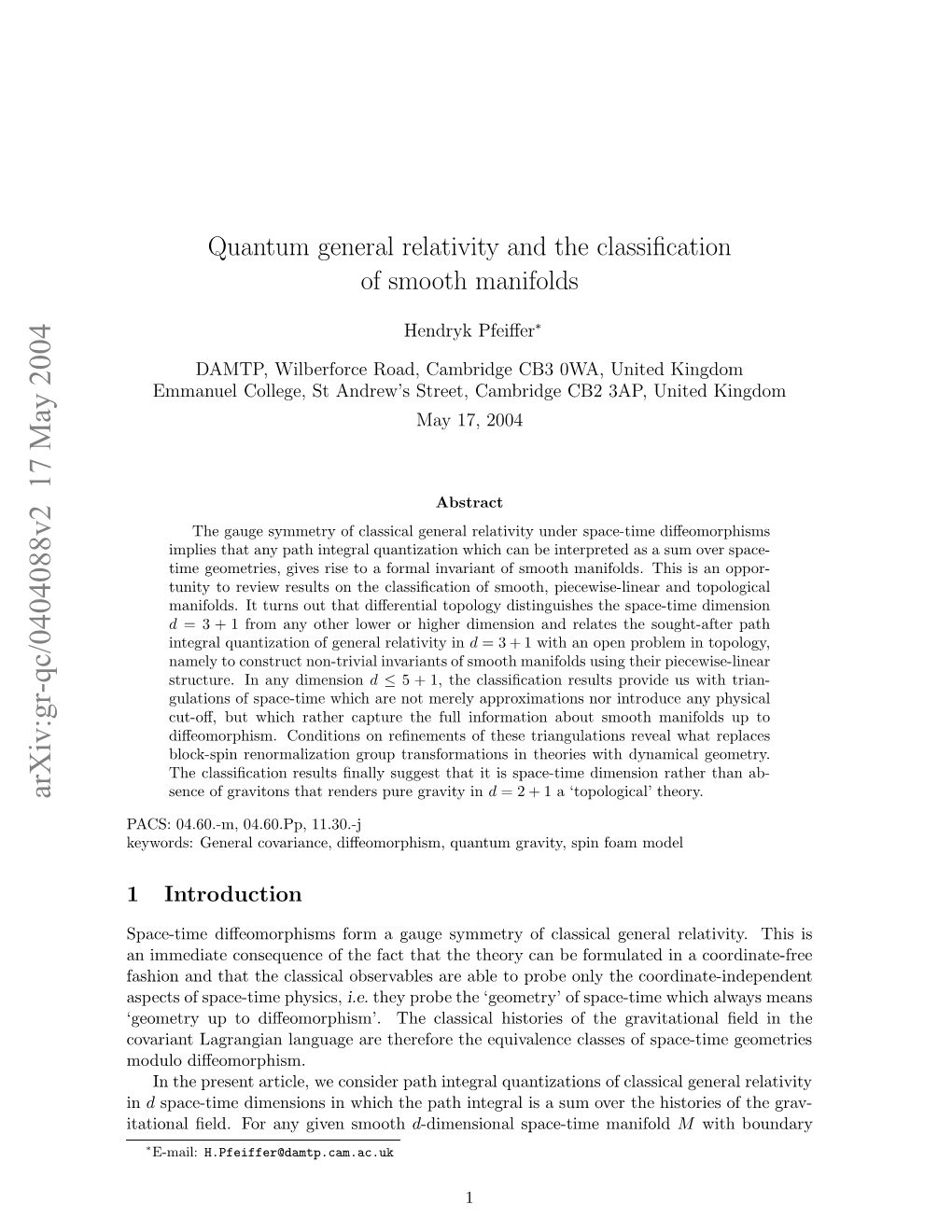 Quantum General Relativity and the Classification of Smooth Manifolds