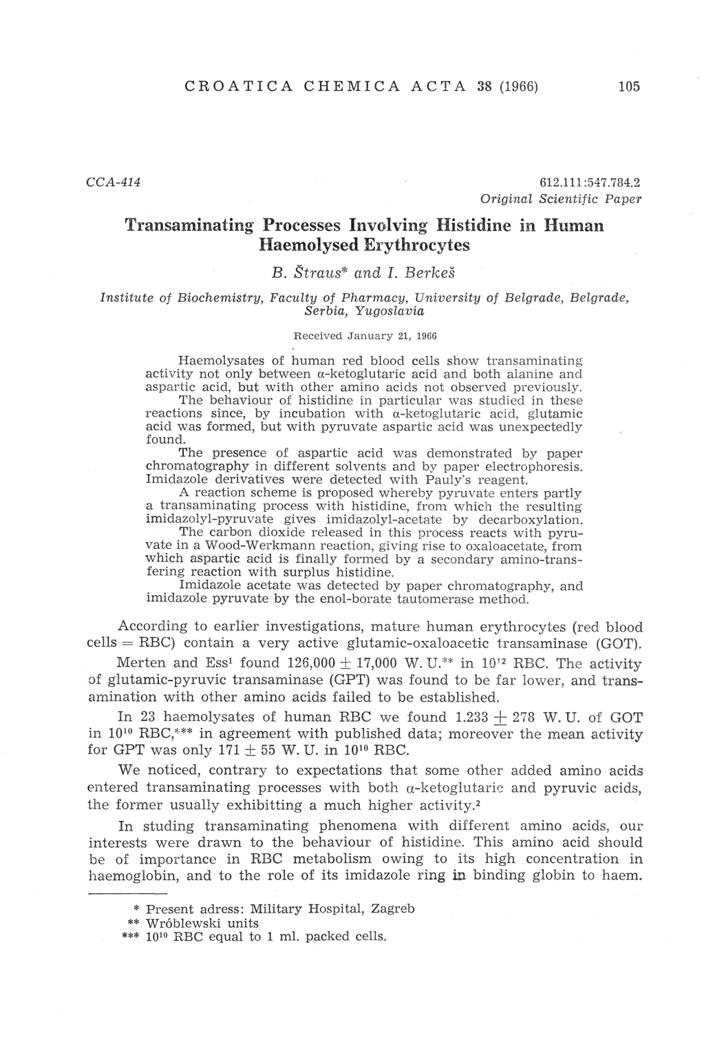 Transaminating Processes Involving Histidine in Human Haemolysed Erythrocytes B