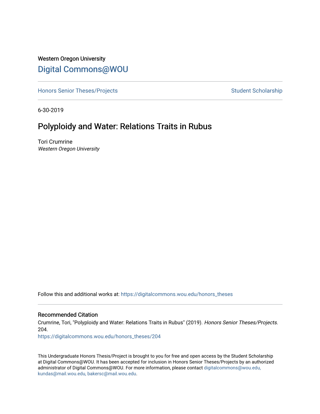 Polyploidy and Water: Relations Traits in Rubus