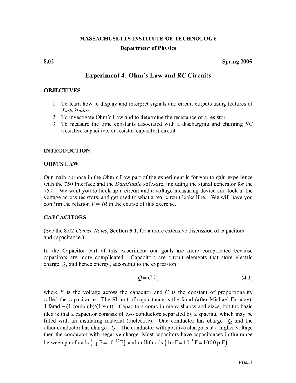 Experiment 4: Ohm's Law and RC Circuits