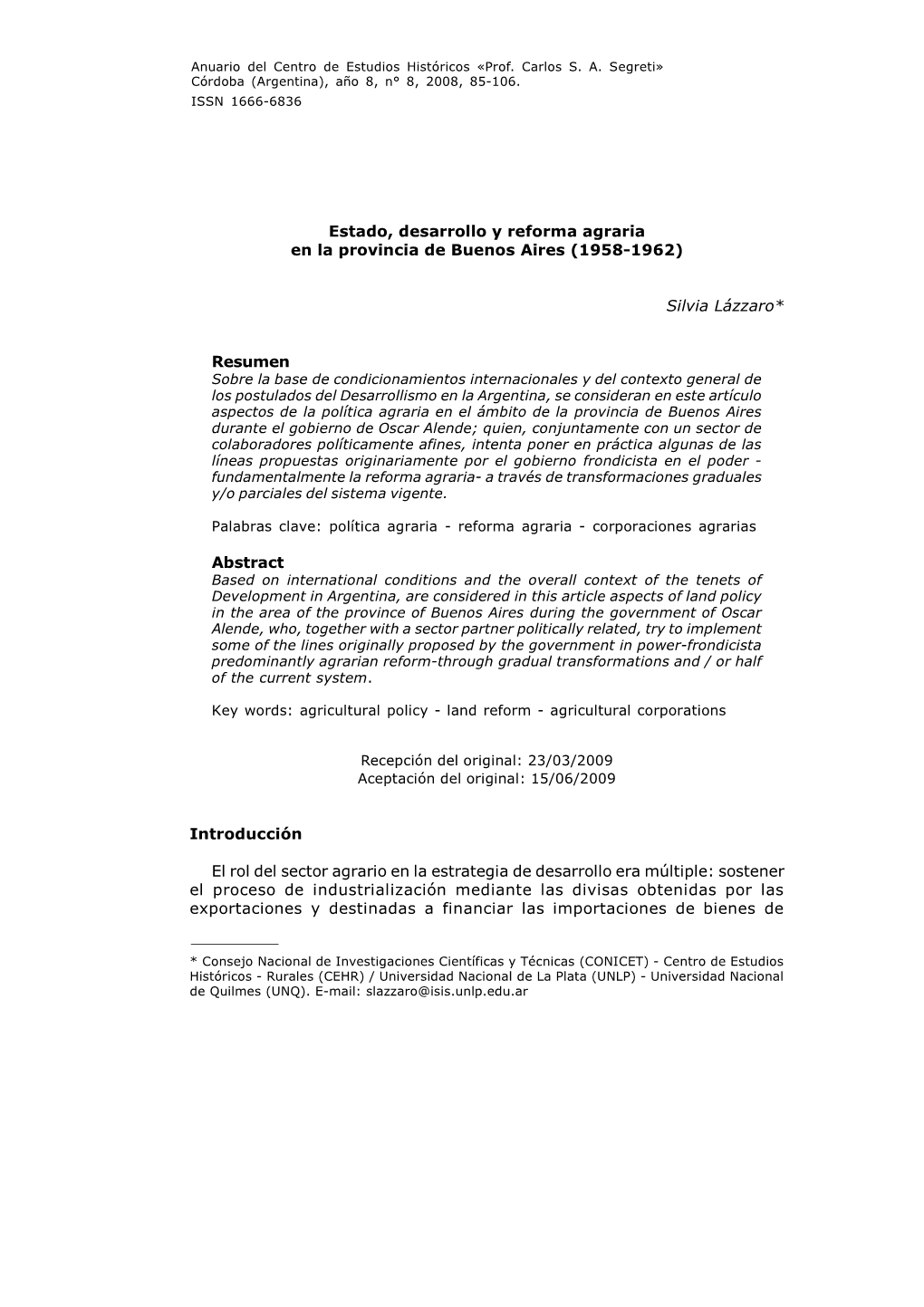 Estado, Desarrollo Y Reforma Agraria En La Provincia De Buenos Aires (1958-1962)