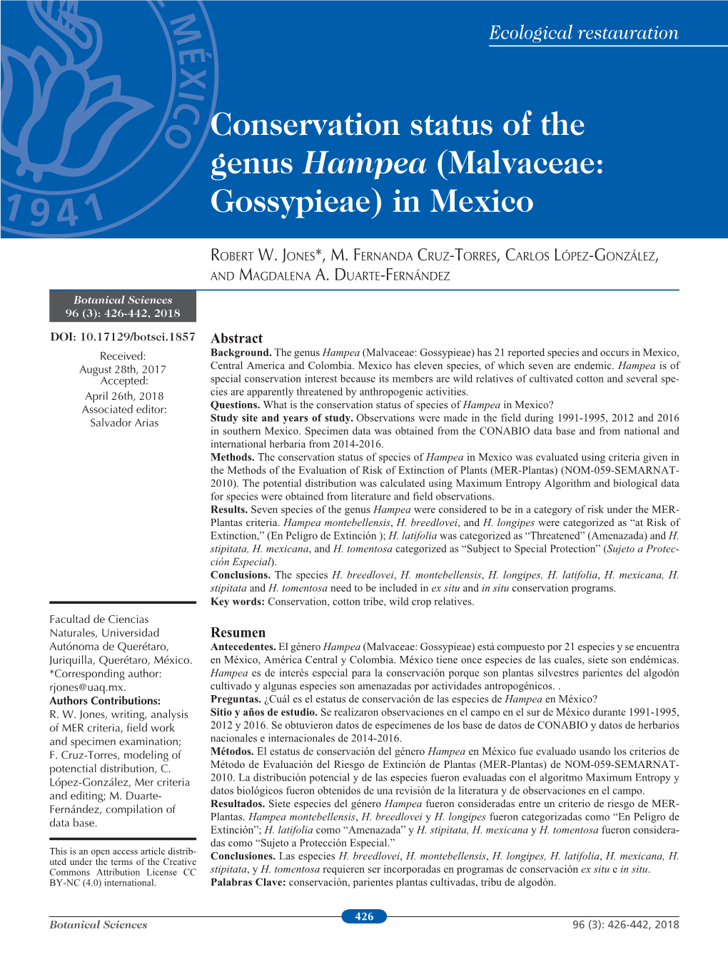 Conservation Status of the Genus Hampea (Malvaceae: Gossypieae) in Mexico