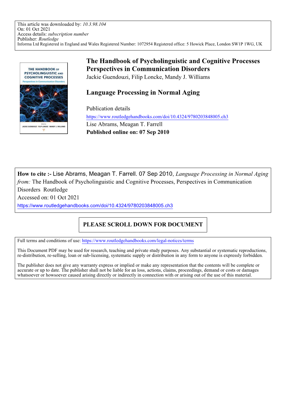 The Handbook of Psycholinguistic and Cognitive Processes Perspectives in Communication Disorders Jackie Guendouzi, Filip Loncke, Mandy J