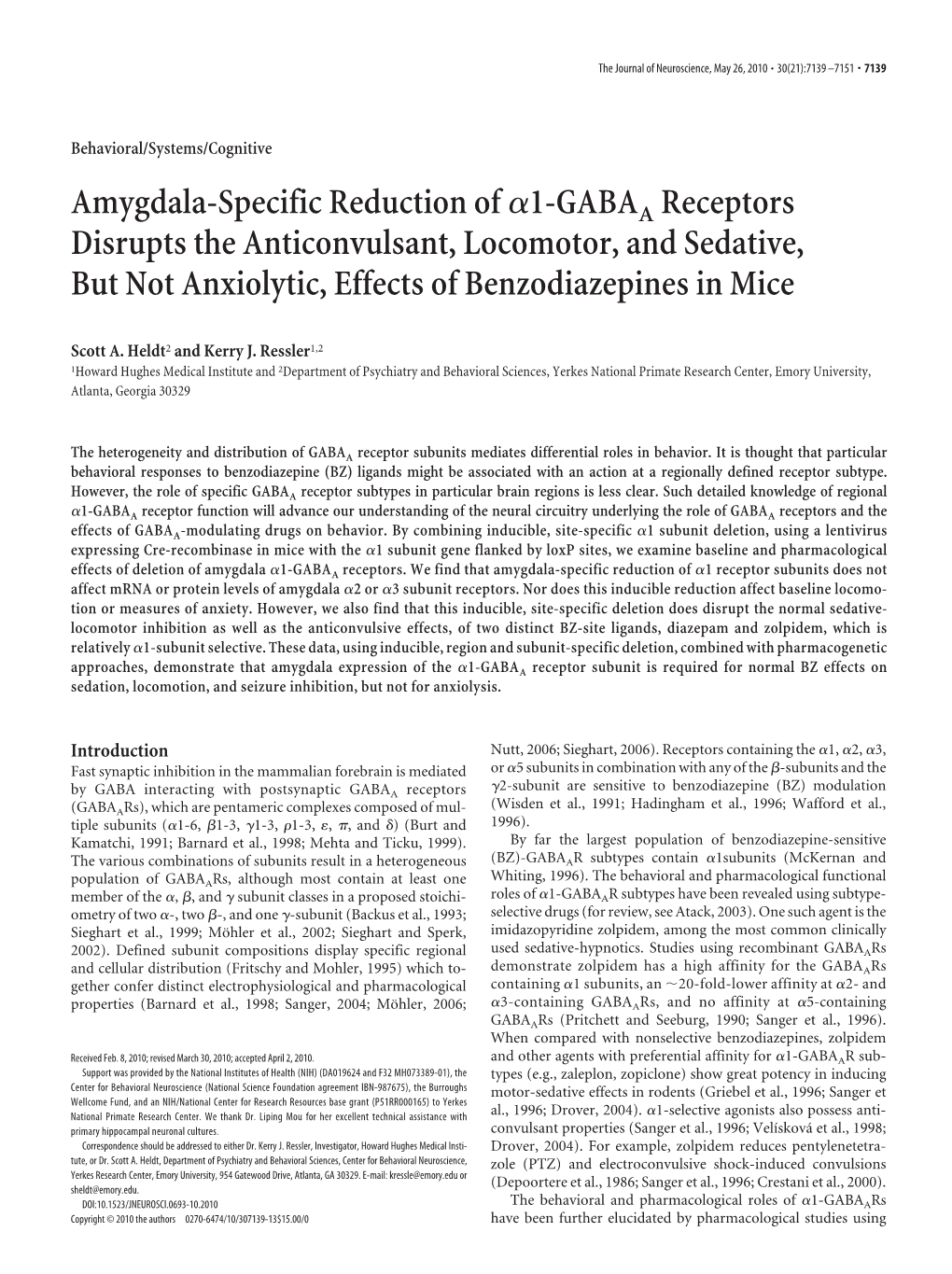 Amygdala-Specific Reduction Ofα1-GABAA Receptors Disrupts the Anticonvulsant, Locomotor, and Sedative, but Not Anxiolytic, Effe