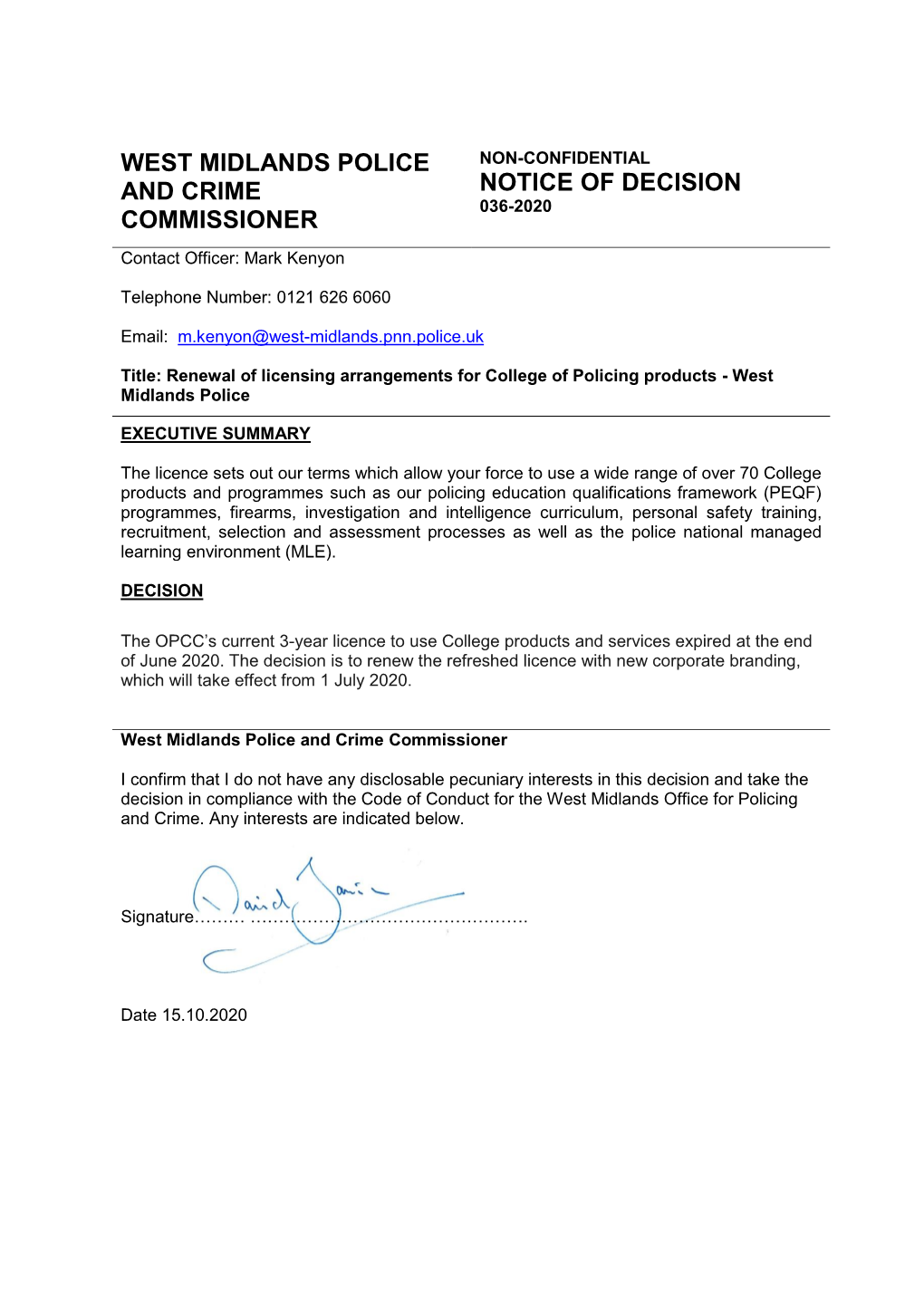 West Midlands Police and Crime Commissioner Notice of Decision