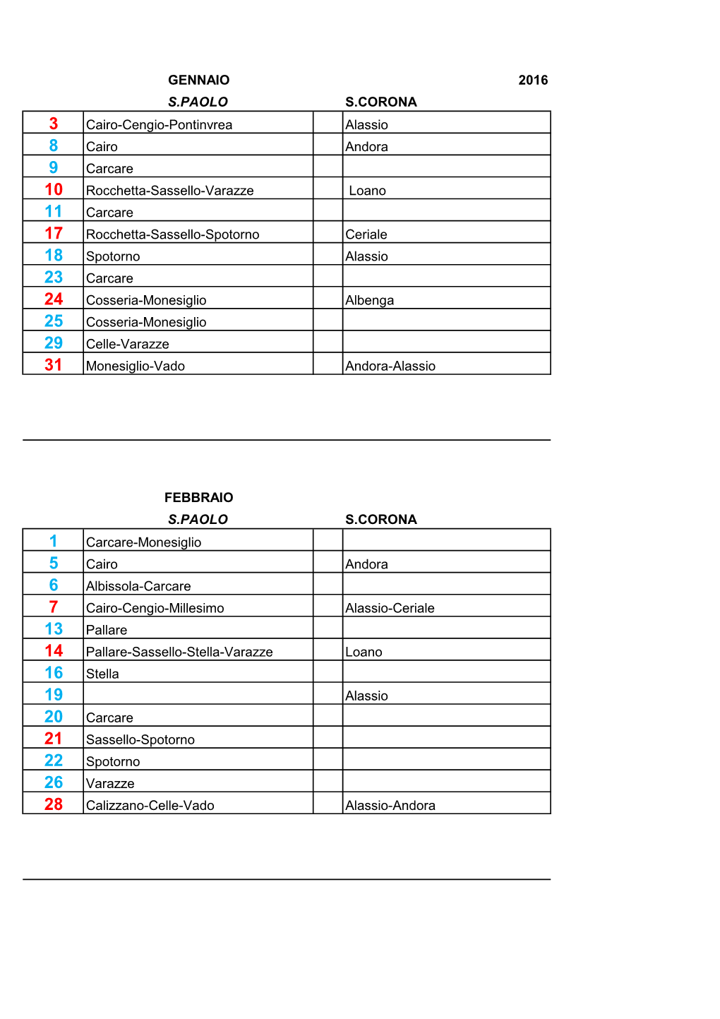 Calendario 2016