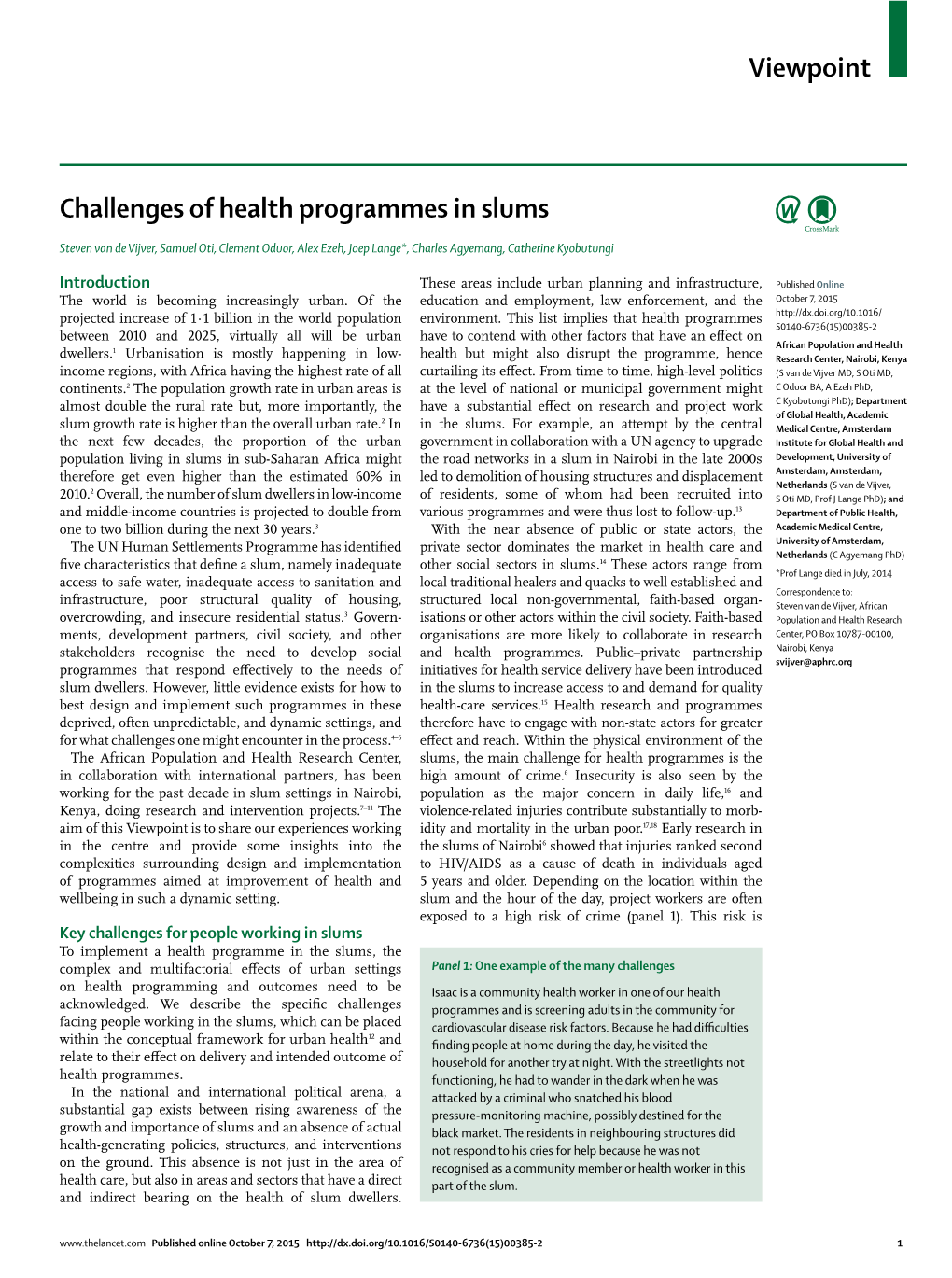 Challenges of Health Programmes in Slums