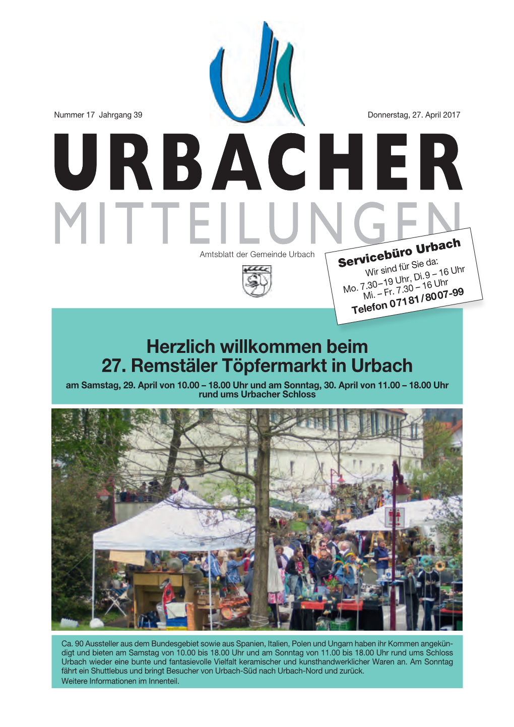 Herzlich Willkommen Beim 27. Remstäler Töpfermarkt in Urbach Am Samstag, 29