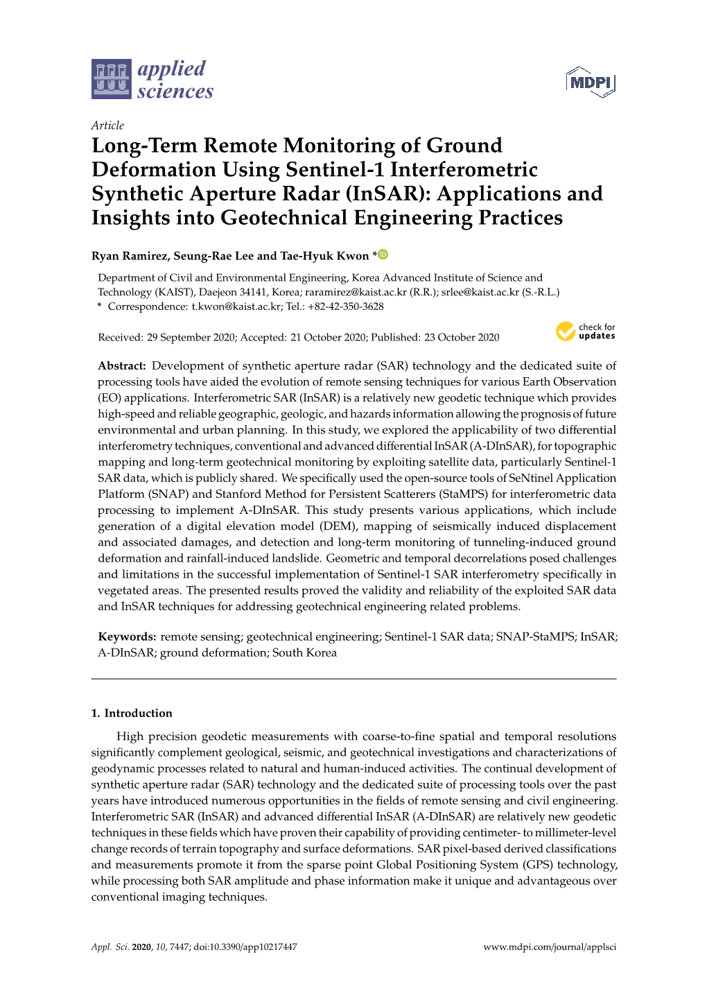 Long-Term Remote Monitoring of Ground Deformation Using Sentinel-1 Interferometric Synthetic Aperture Radar (Insar): Application