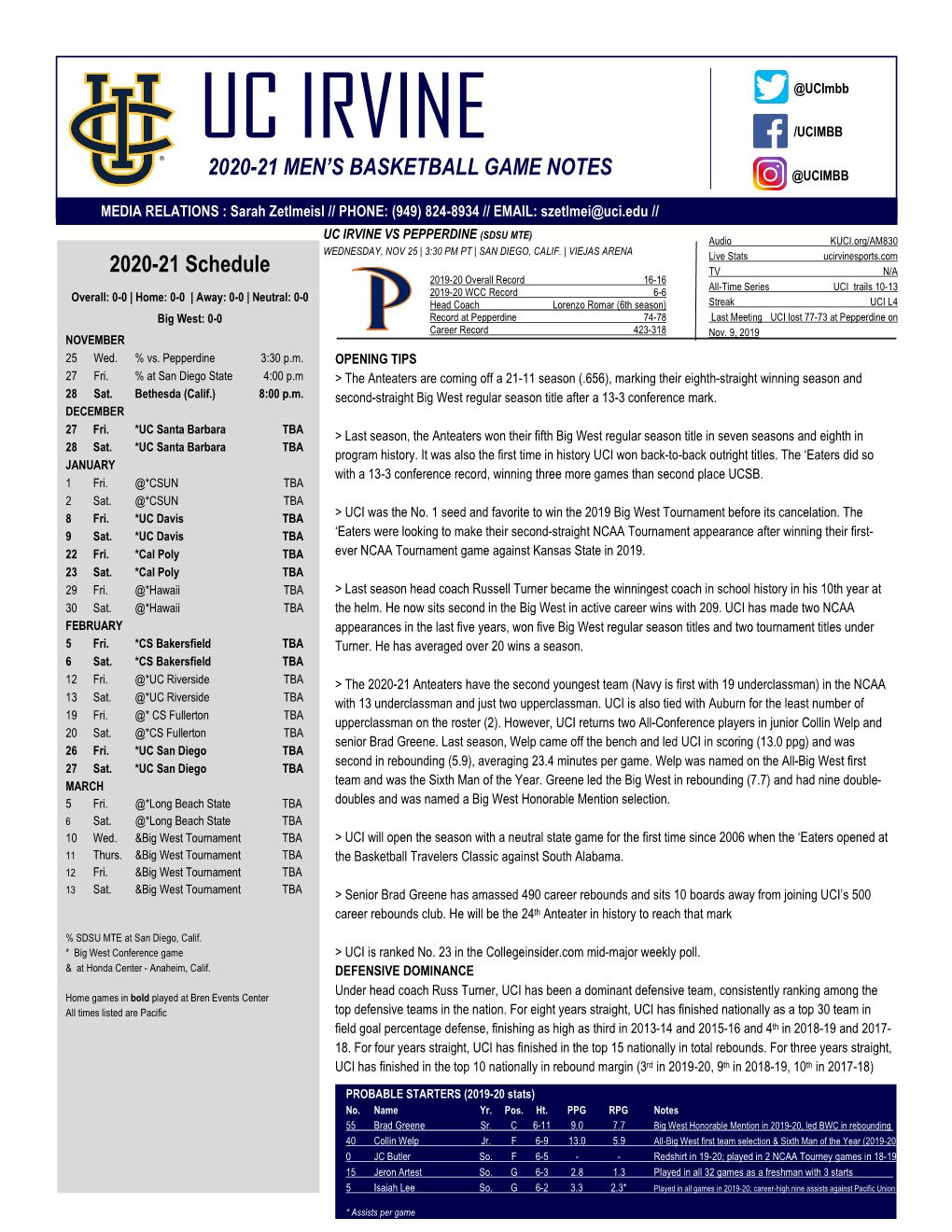 2020-21 MEN's BASKETBALL GAME NOTES 2020-21 Schedule