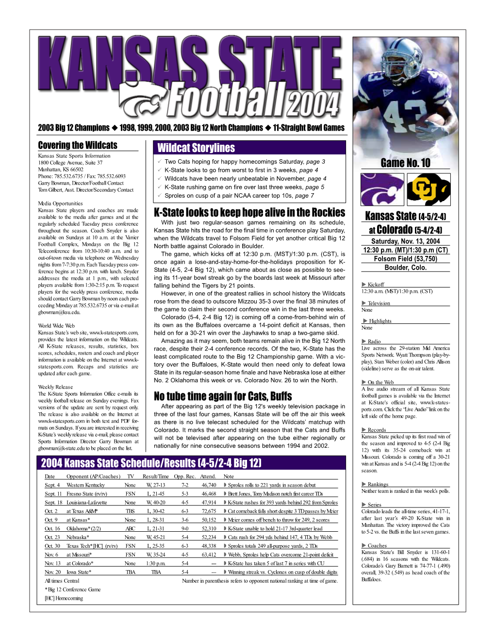 K-State Looks to Keep Hope Alive in the Rockies No Tube Time Again for Cats, Buffs 2004 Kansas State Schedule/Results (4-5/2-4 B