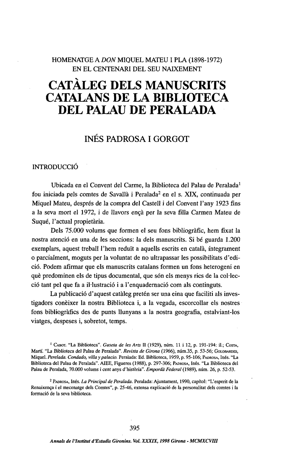 Catàleg Dels Manuscrits Catalans De La Biblioteca Del Palau De Peralada