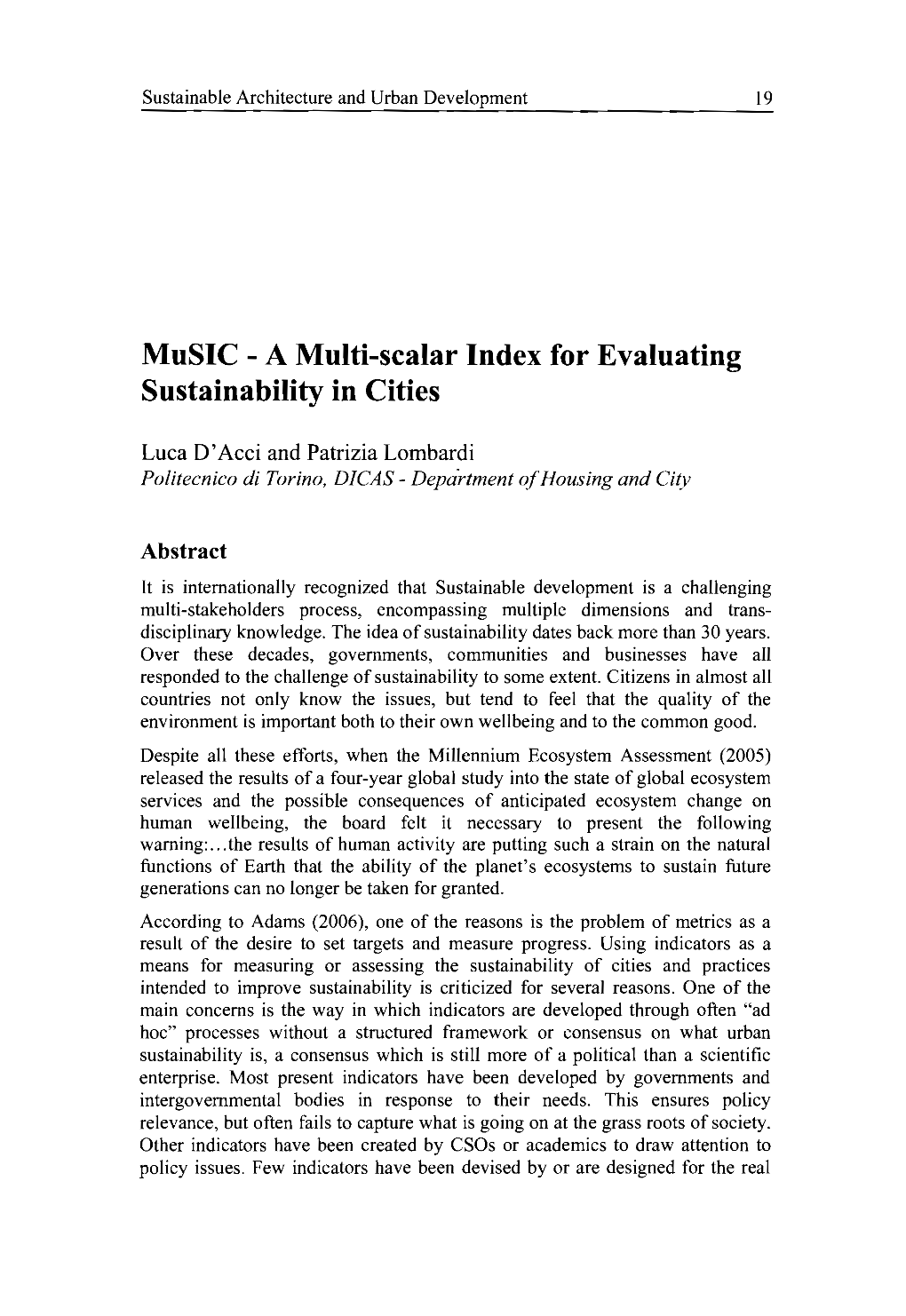 Music - a Multi-Scalar Index for Evaluating Sustainability in Cities