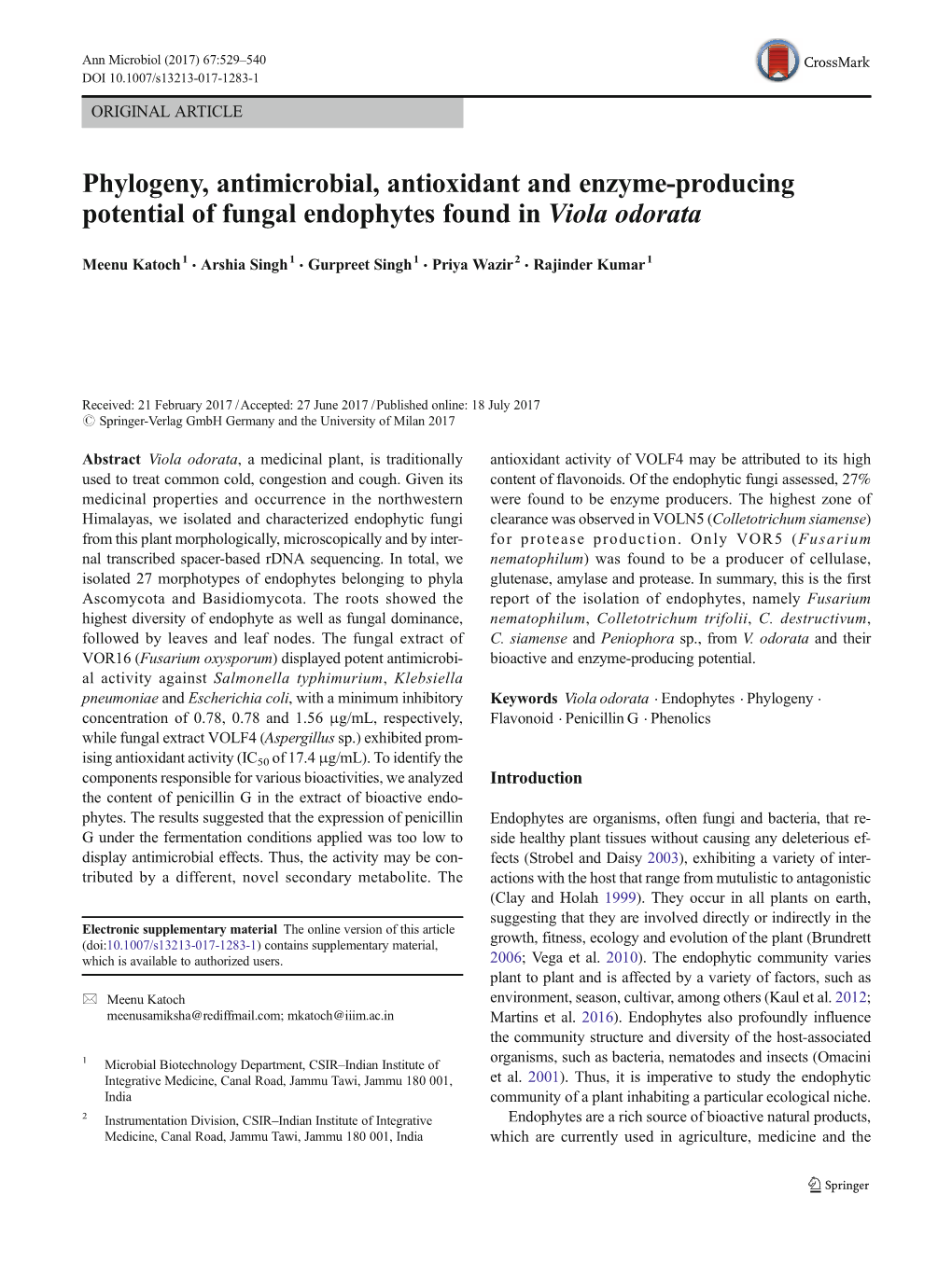 Phylogeny, Antimicrobial, Antioxidant and Enzyme-Producing Potential of Fungal Endophytes Found in Viola Odorata