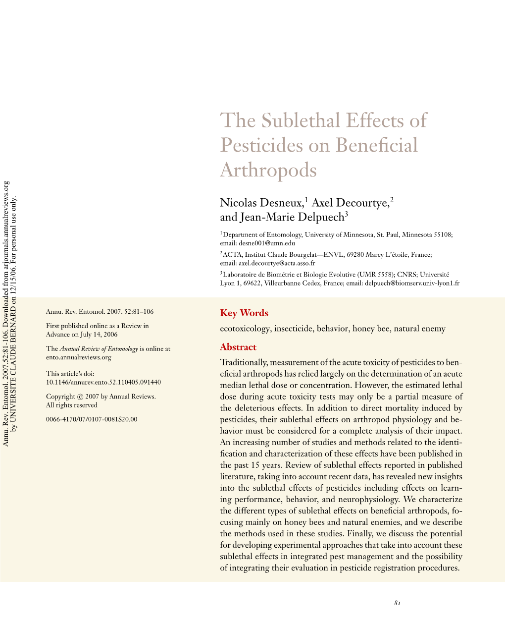 The Sublethal Effects of Pesticides on Beneficial Arthropods