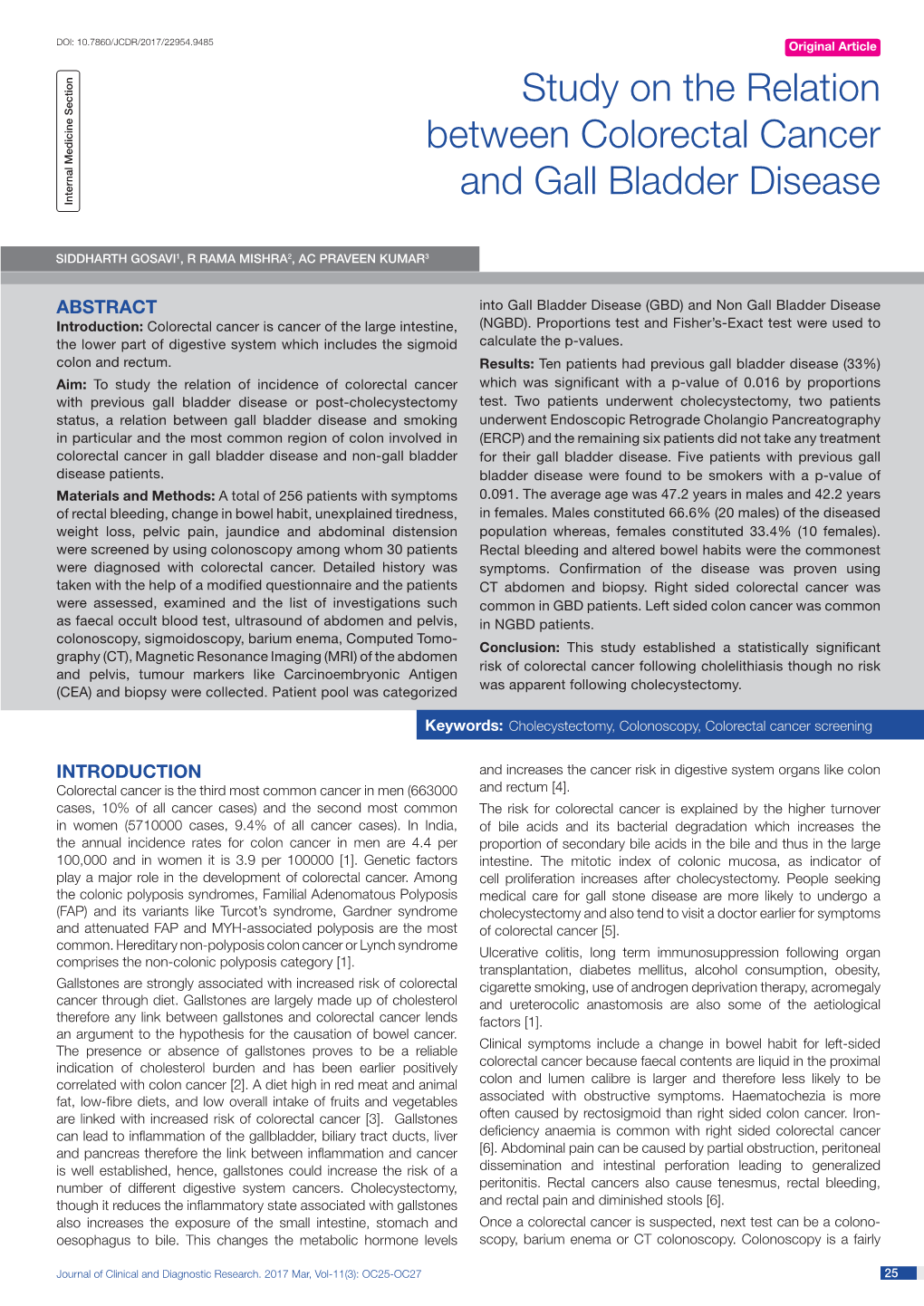 Study on the Relation Between Colorectal Cancer and Gall Bladder Disease Internal Medicine Section