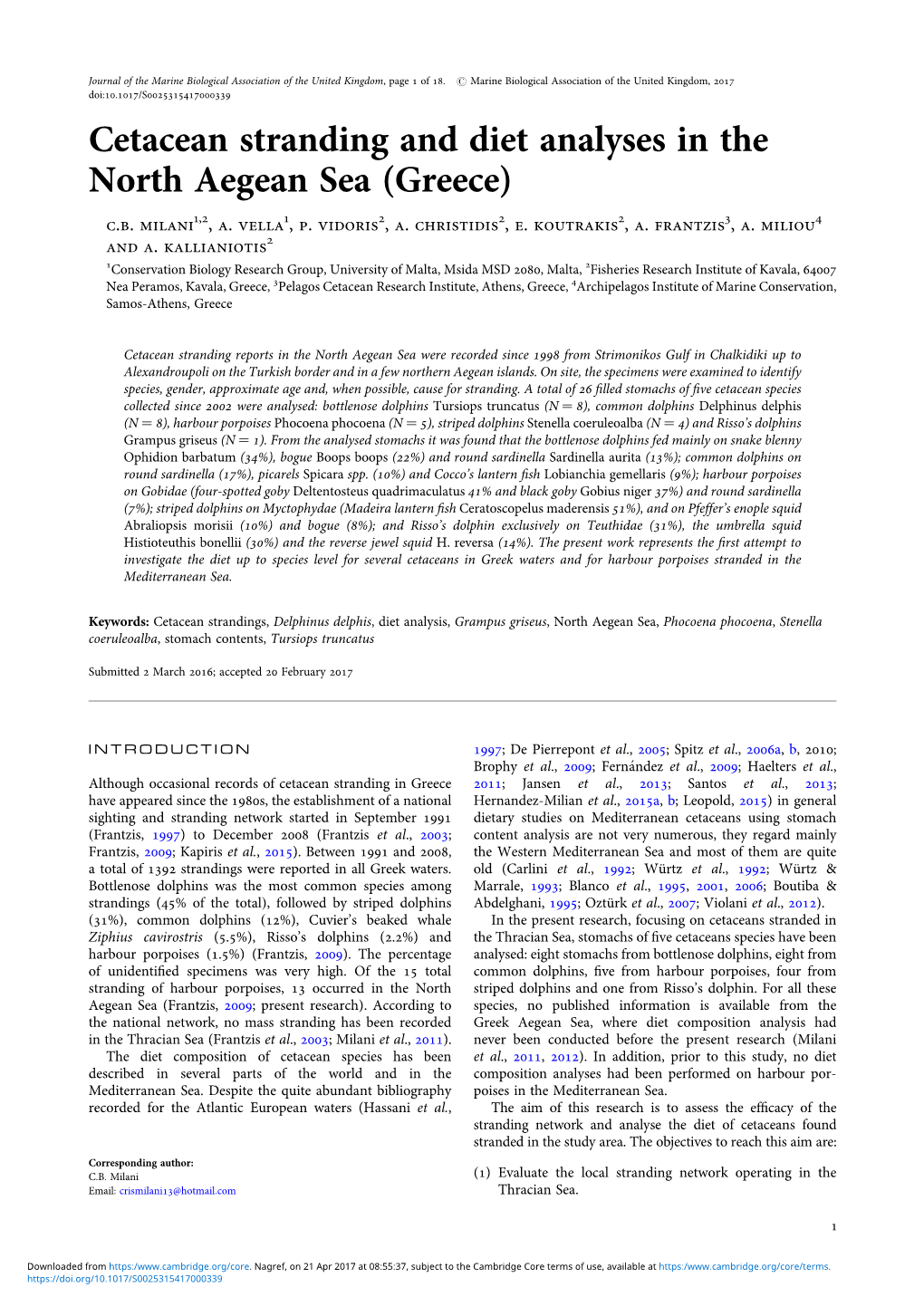 Cetacean Stranding and Diet Analyses in the North Aegean Sea (Greece) C.B