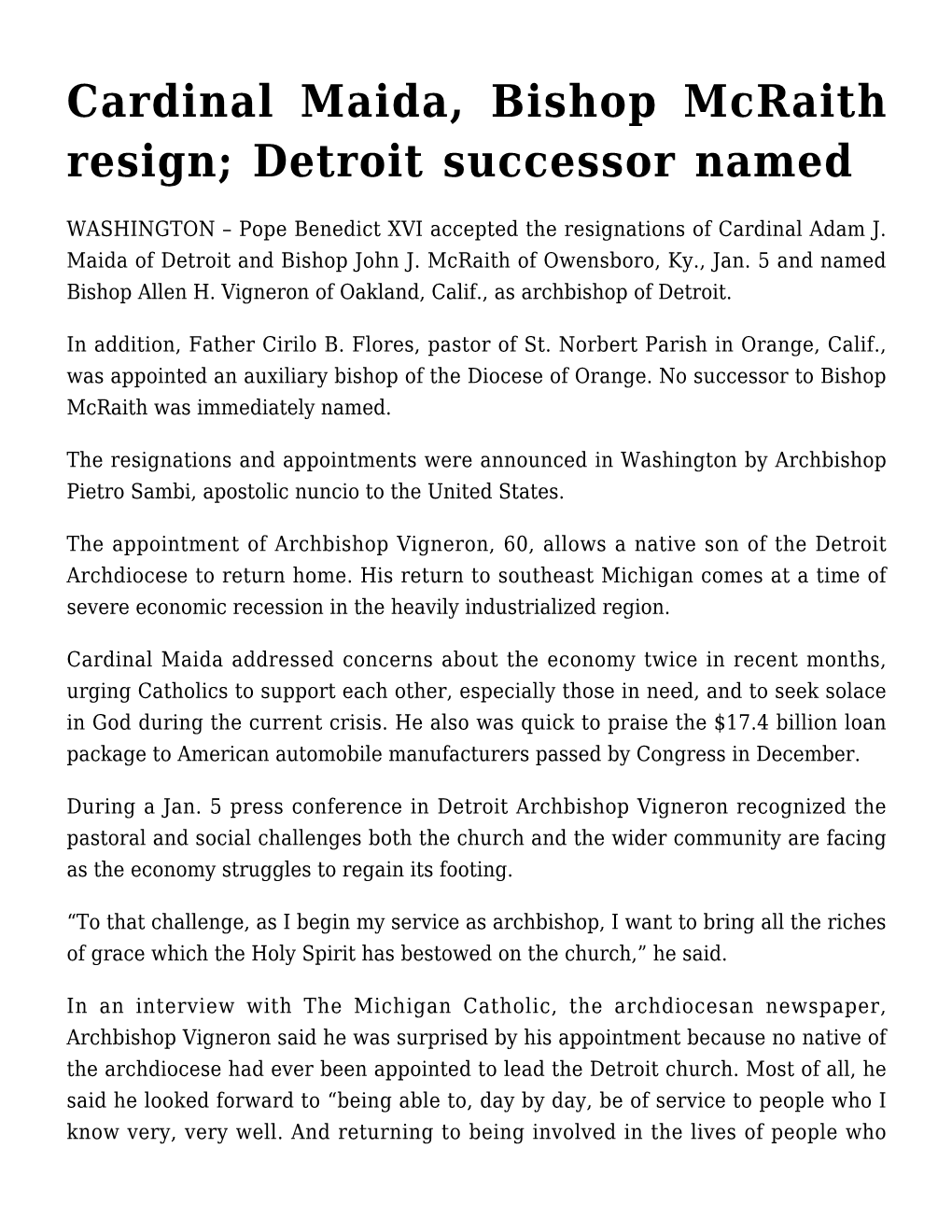 Cardinal Maida, Bishop Mcraith Resign; Detroit Successor Named
