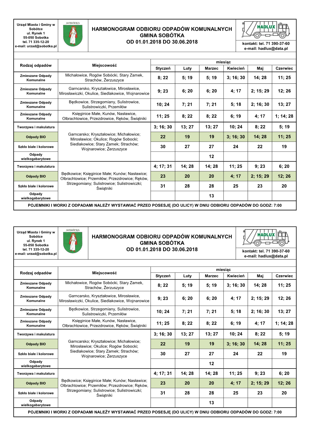 HARMONOGRAM ODBIORU ODPADÓW KOMUNALNYCH Ul