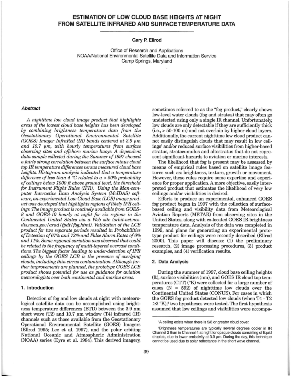 Estimation of Low Cloud Base Heights at Night from Satellite Infrared and Surface Temperature Data