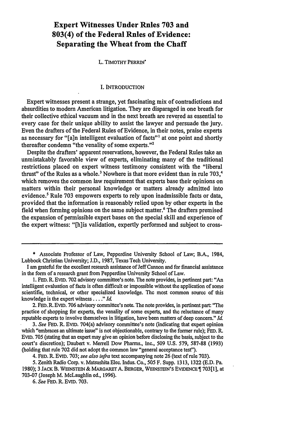 Expert Witnesses Under Rules 703 and 803(4) of the Federal Rules of Evidence: Separating the Wheat from the Chaff