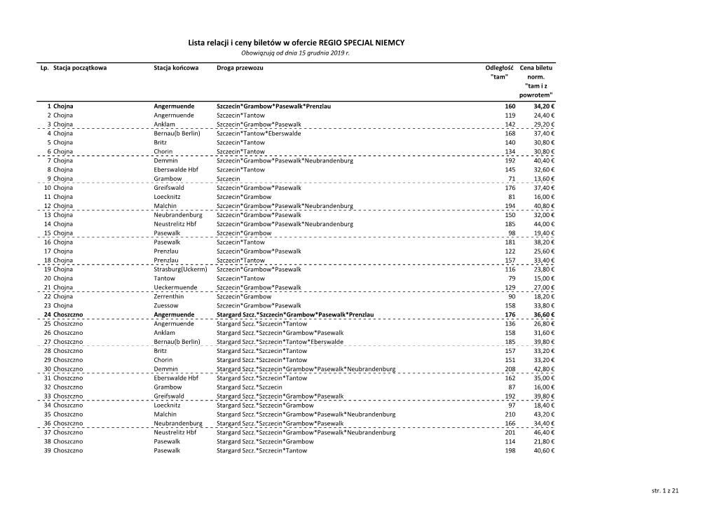 Lista Relacji I Ceny Biletów W Ofercie REGIO SPECJAL NIEMCY Obowiązują Od Dnia 15 Grudnia 2019 R