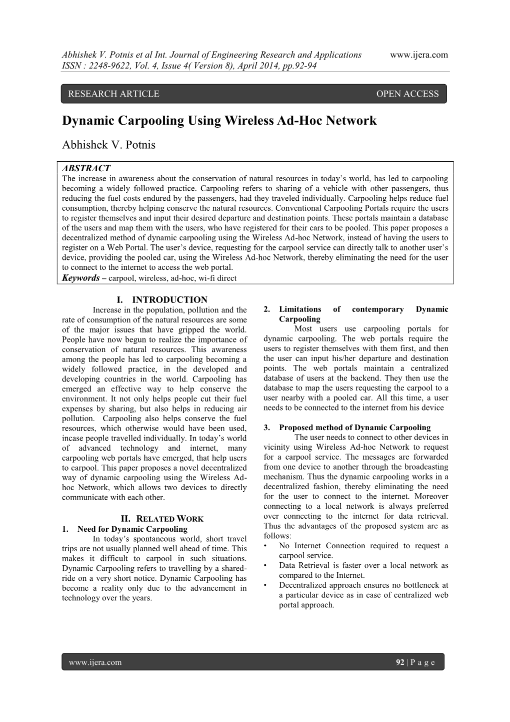 Dynamic Carpooling Using Wireless Ad-Hoc Network