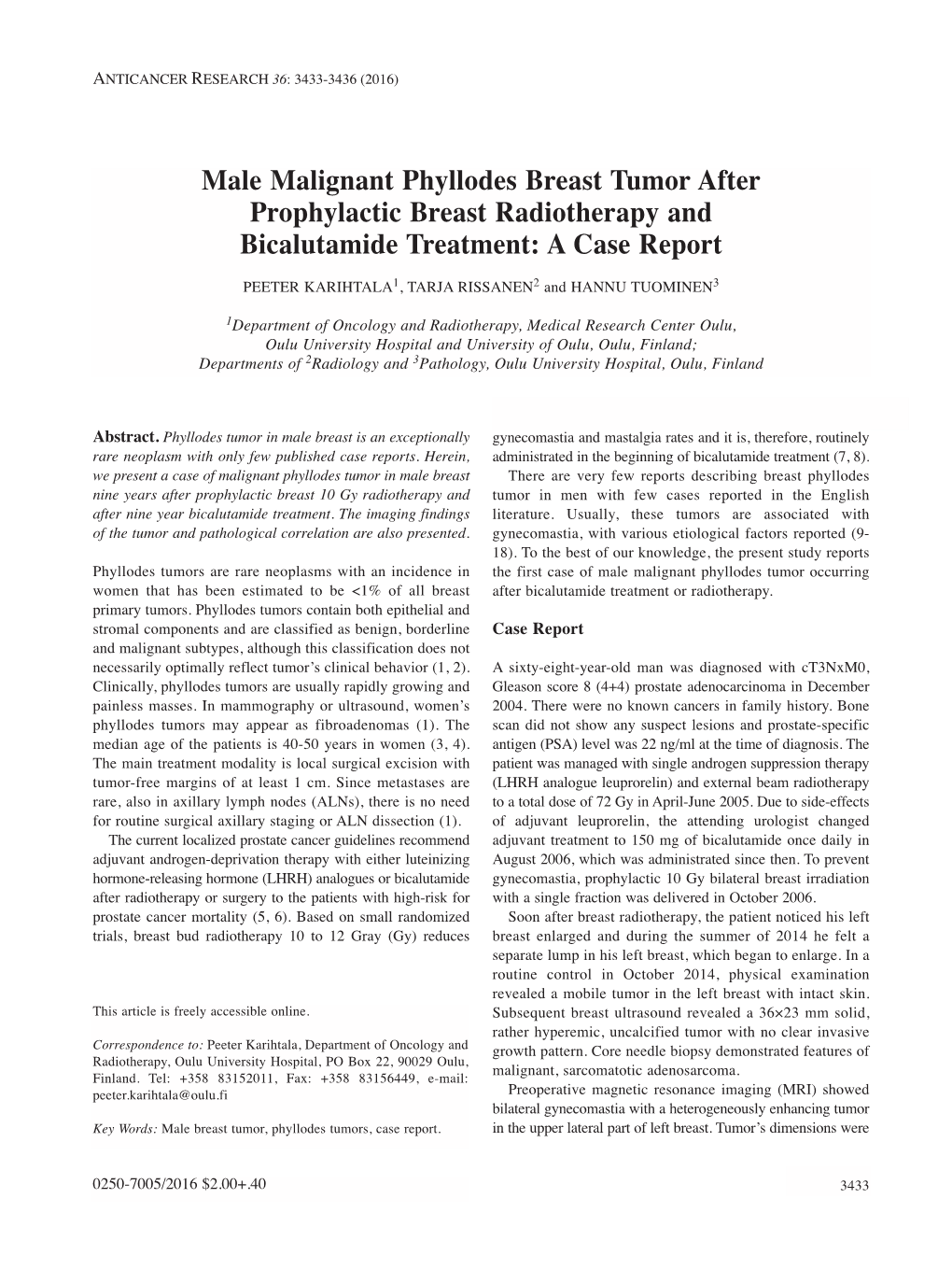 Male Malignant Phyllodes Breast Tumor After Prophylactic Breast Radiotherapy and Bicalutamide Treatment: a Case Report