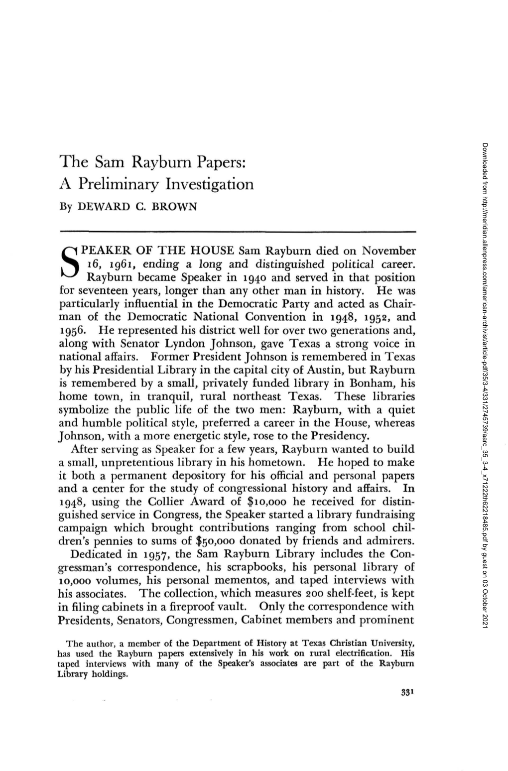 The Sam Rayburn Papers: a Preliminary Investigation by DEWARD G