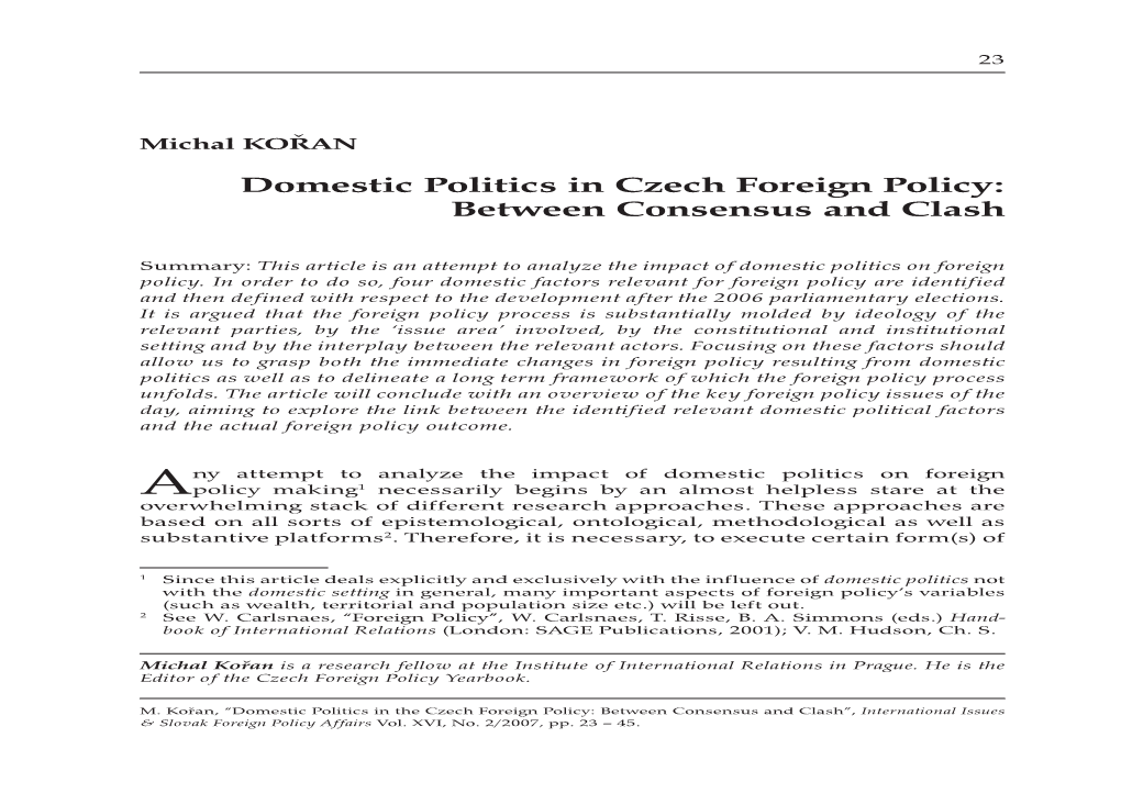 Domestic Politics in Czech Foreign Policy