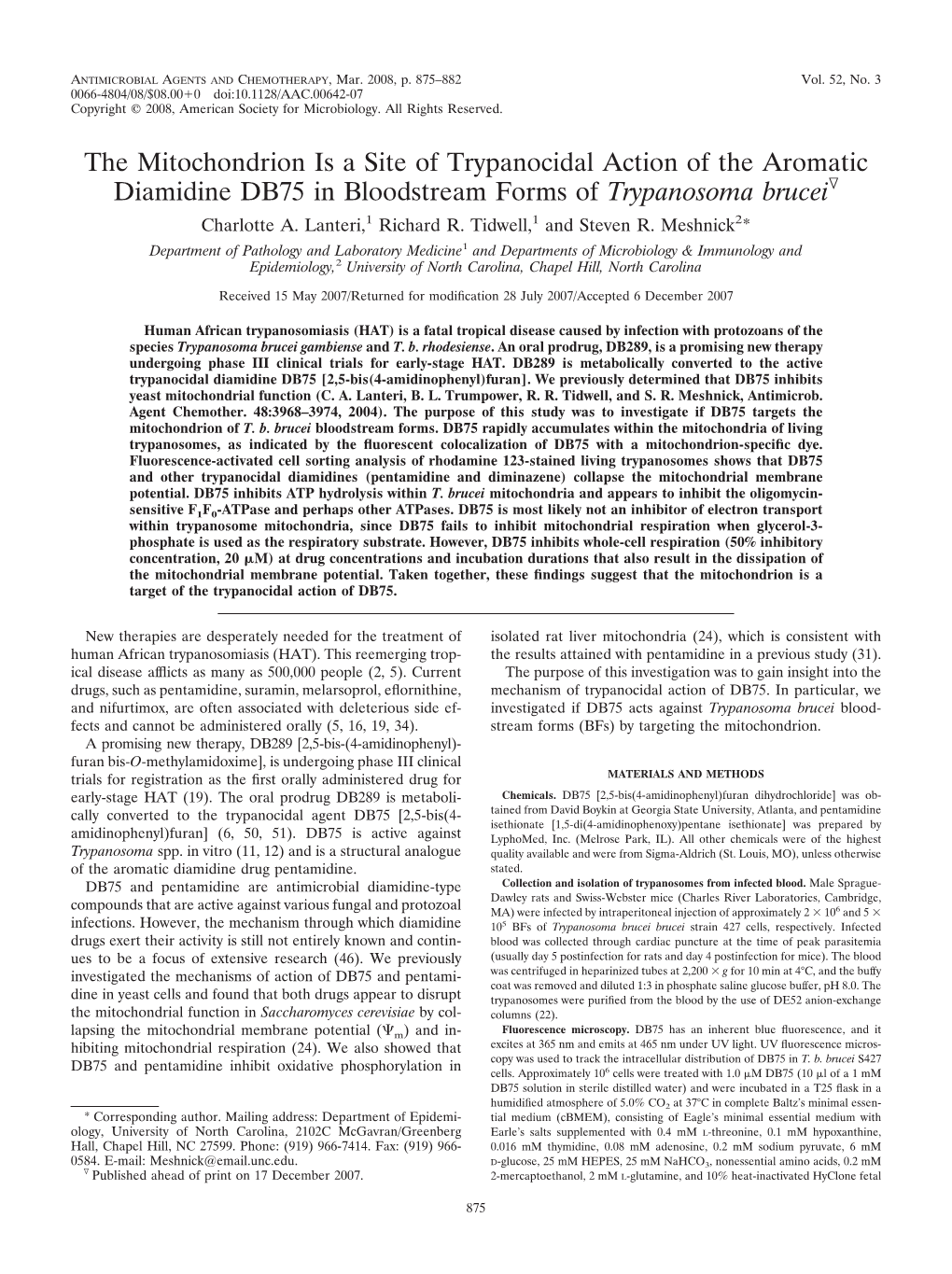 The Mitochondrion Is a Site of Trypanocidal Action of the Aromatic Diamidine DB75 in Bloodstream Forms of Trypanosoma Bruceiᰔ Charlotte A