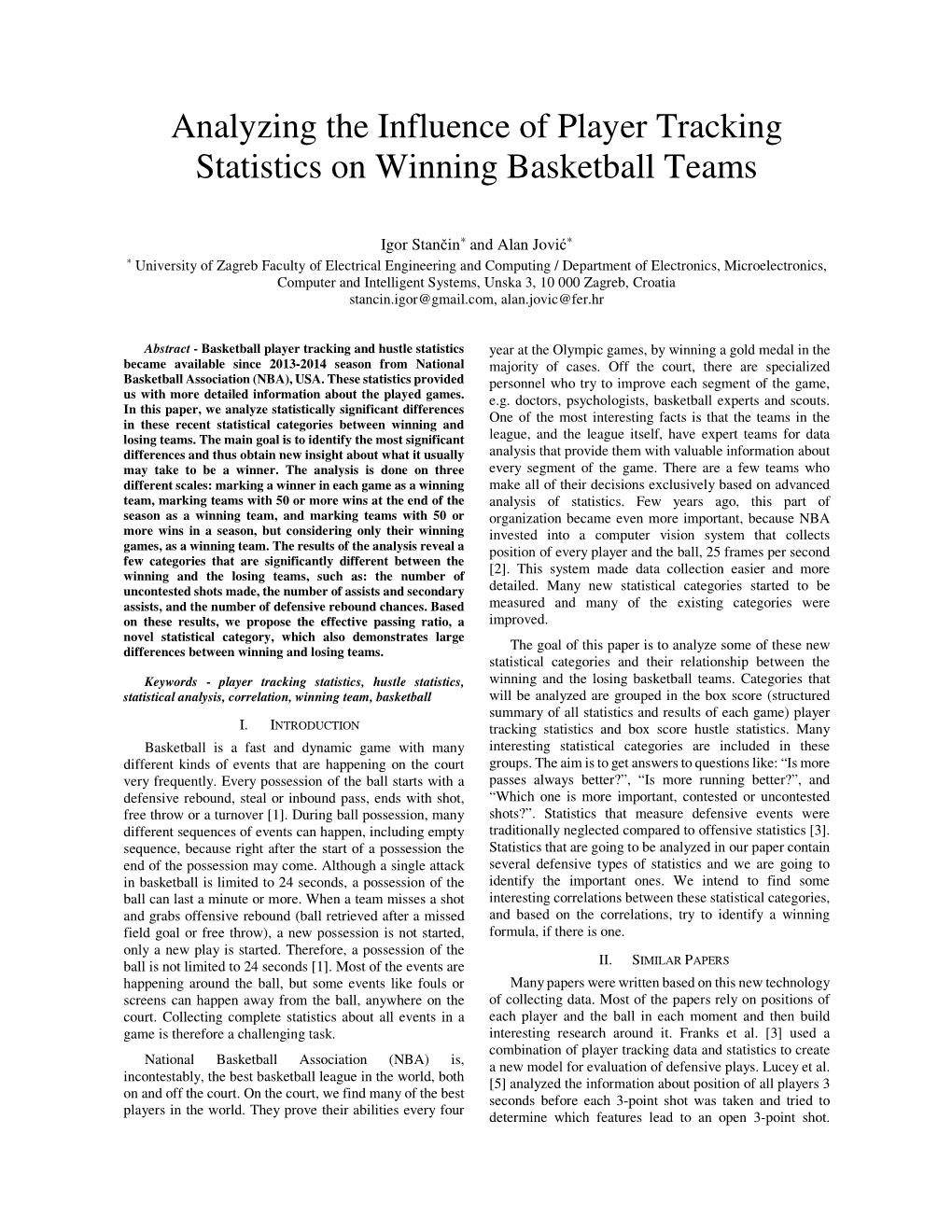 Analyzing the Influence of Player Tracking Statistics on Winning Basketball Teams