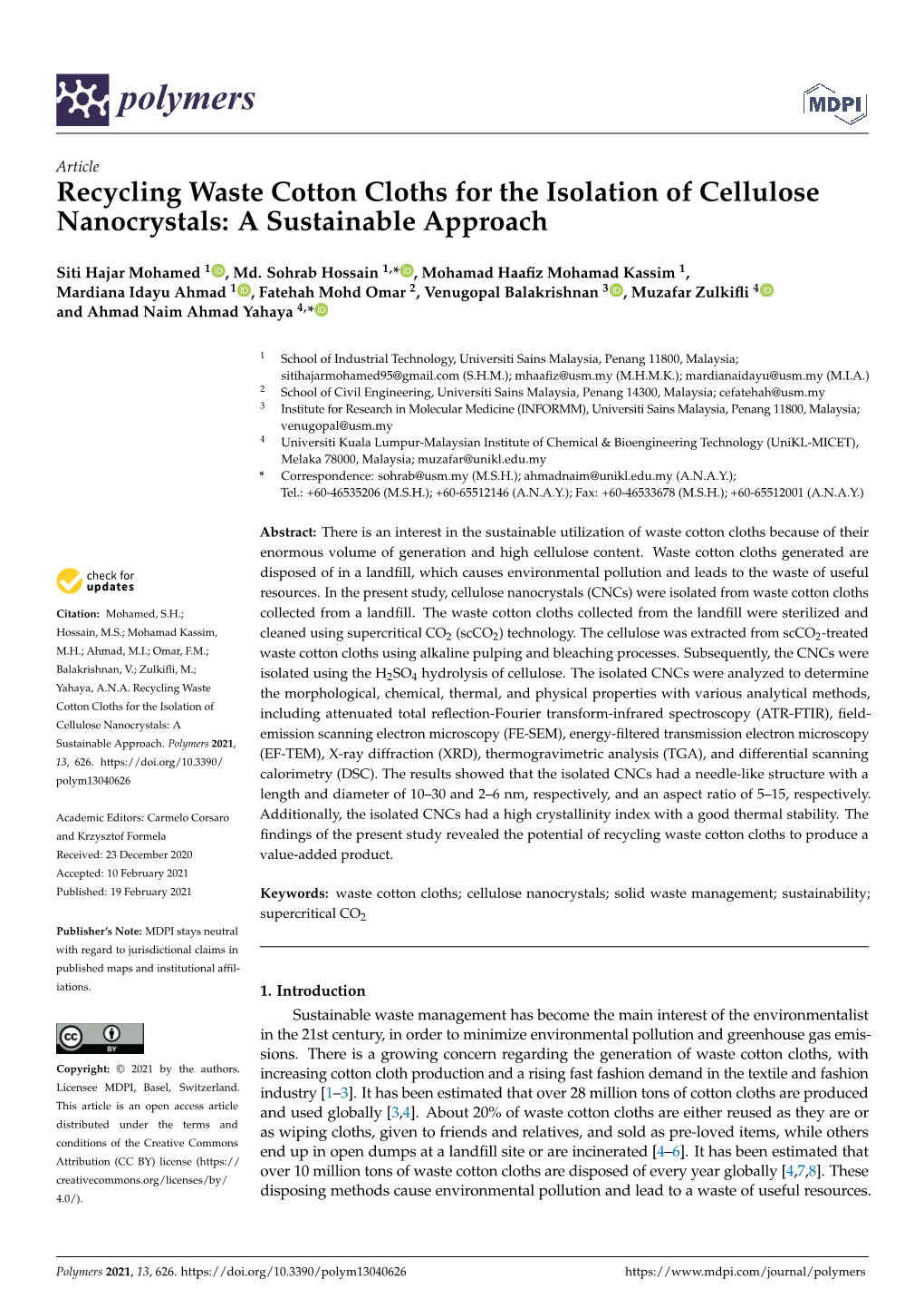 Recycling Waste Cotton Cloths for the Isolation of Cellulose Nanocrystals: a Sustainable Approach