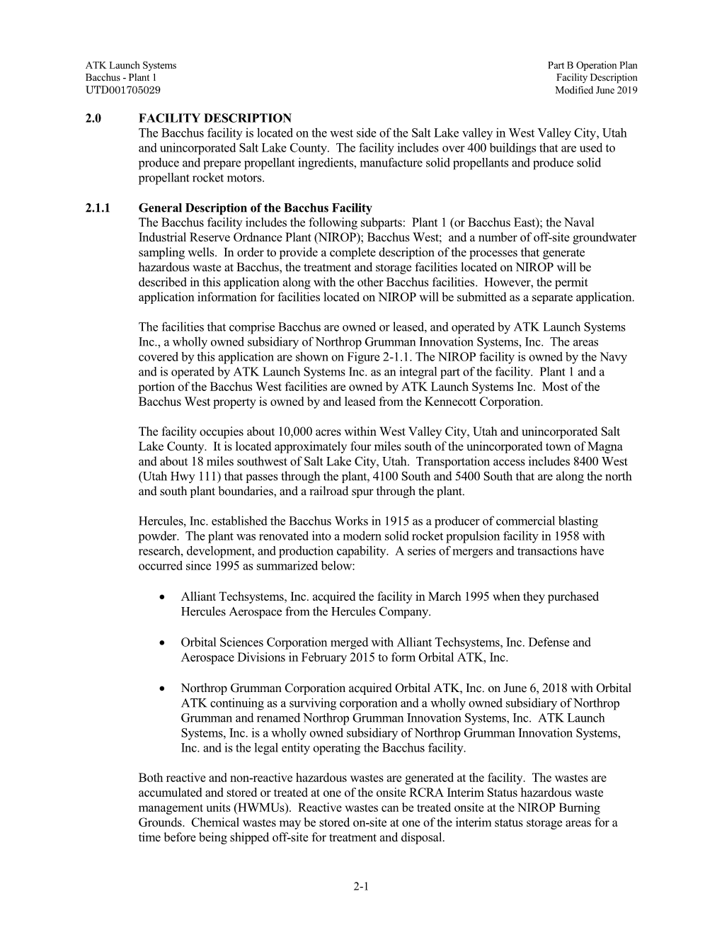 2.0 FACILITY DESCRIPTION the Bacchus Facility Is Located on the West Side of the Salt Lake Valley in West Valley City, Utah and Unincorporated Salt Lake County