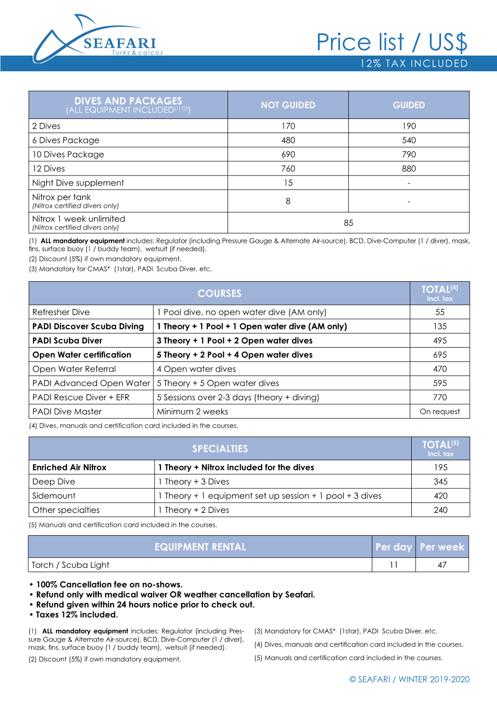 Price List / US$ 12% TAX INCLUDED