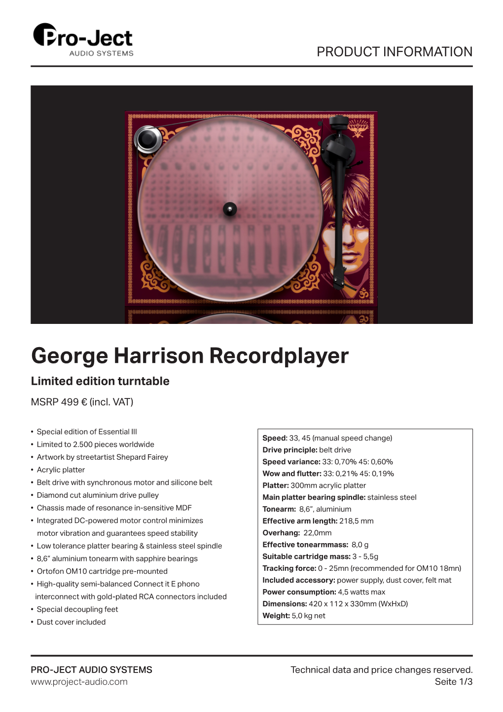 George Harrison Recordplayer Limited Edition Turntable MSRP 499 € (Incl