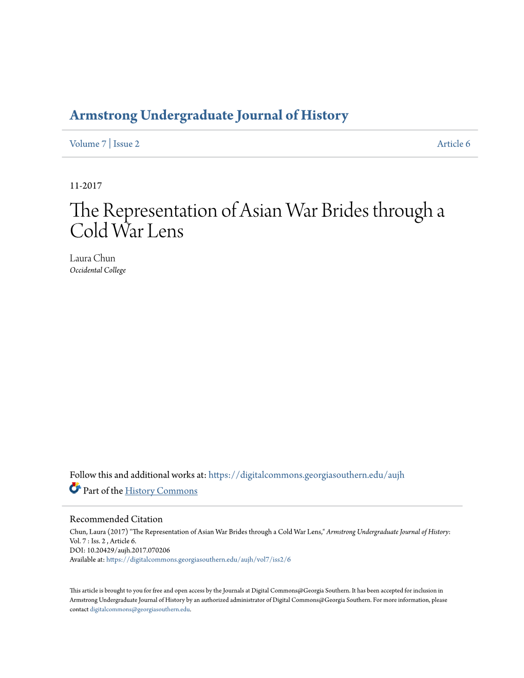 The Representation of Asian War Brides Through a Cold War Lens Laura Chun Occidental College