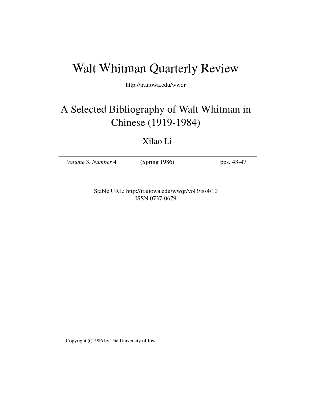 Walt Whitman Quarterly Review