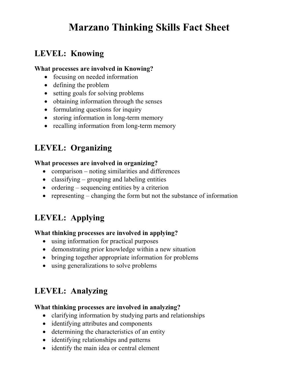 Marzano Thinking Skills Fact Sheet