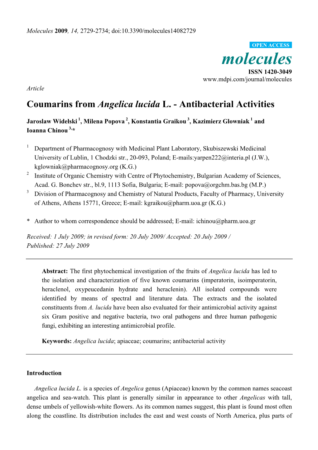 Coumarins from Angelica Lucida L. - Antibacterial Activities