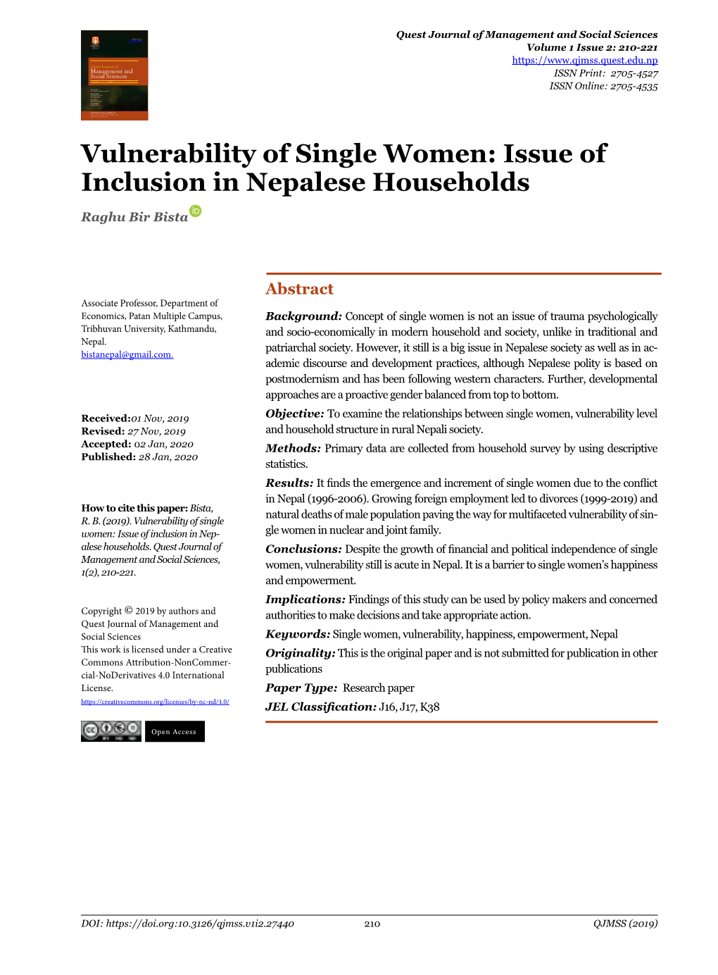 Vulnerability of Single Women: Issue of Inclusion in Nepalese Households